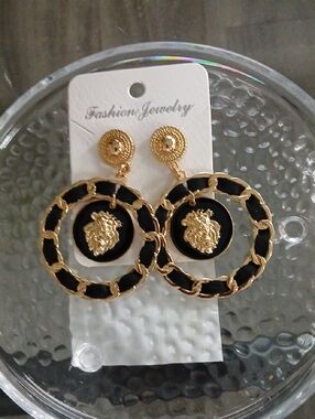 Fashion Jewelry Gold and Black Lion Medallion Hoop Drop Earrings